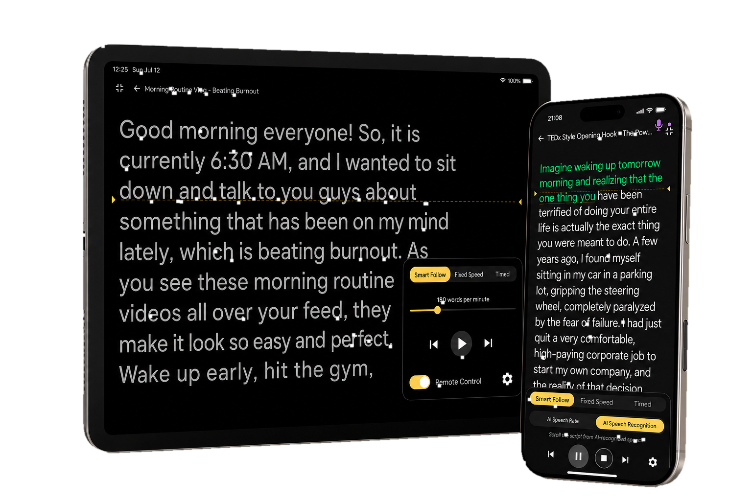 Simple Teleprompter AI voice follow and playback modes across a tablet and phone